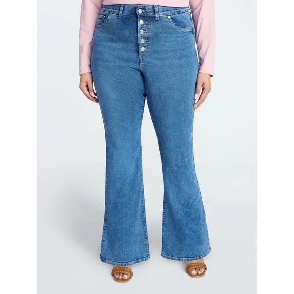 Womens PLUS Button up Corset Fitted Flare Denim Jeans Lucy Wash