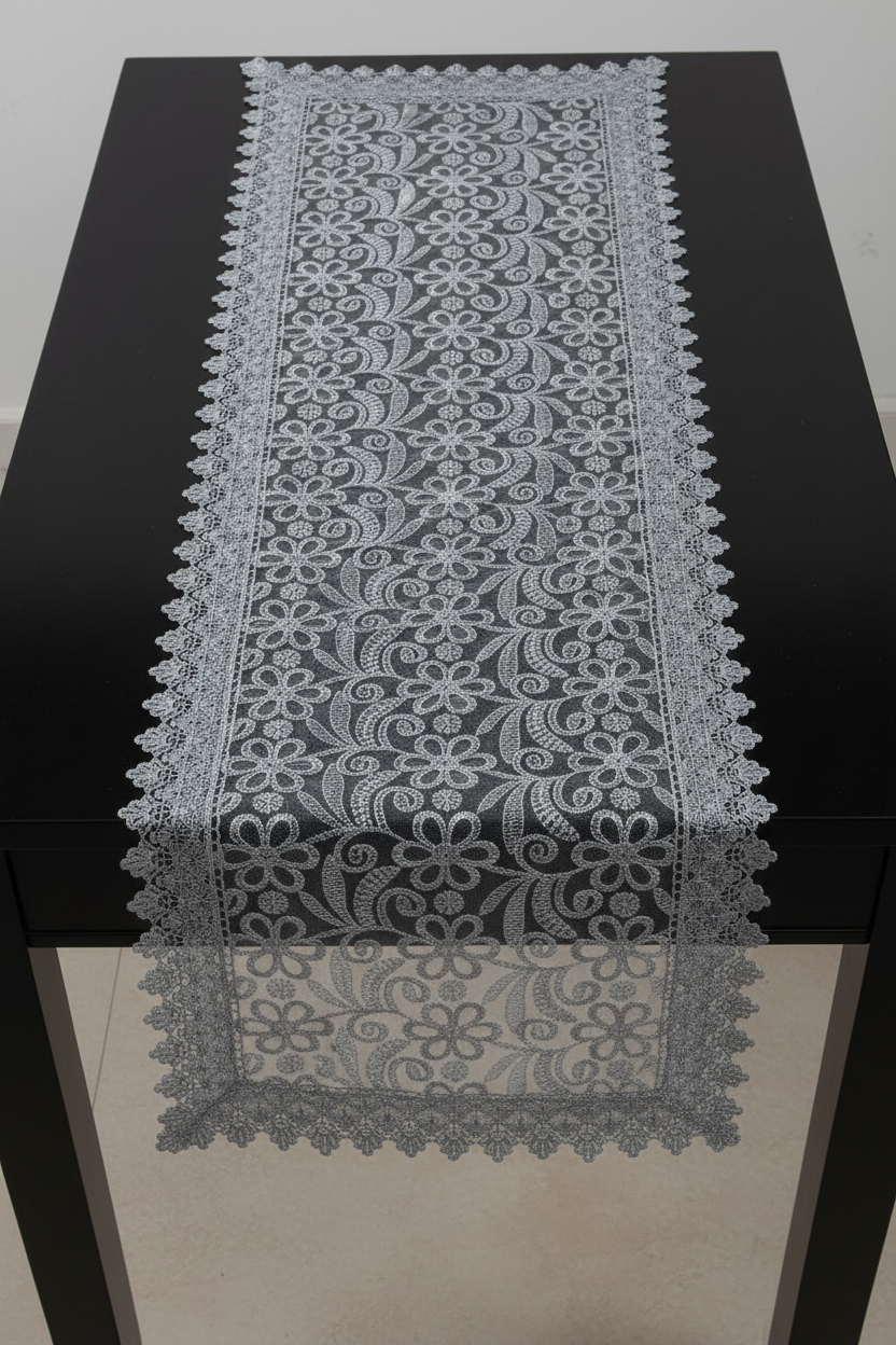 Embroidered floral design Table Runner 14 X 20 Silver