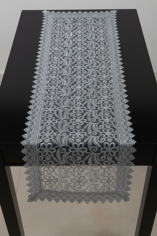 Embroidered floral design Table Runner 14 X 20 Silver