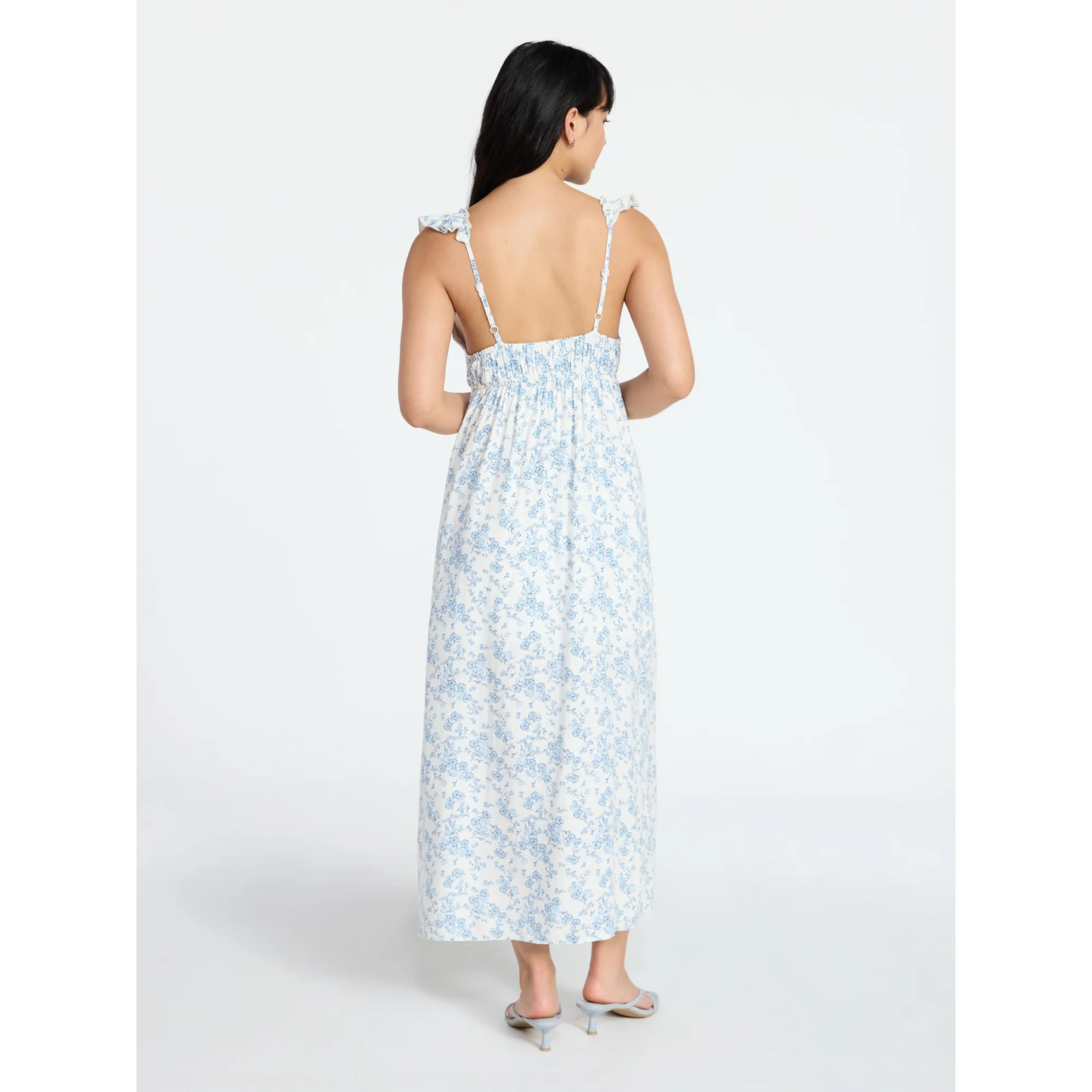 Women's PLUS Open Back  Flutter Sleeve Slit front Printed  smocked maxi dress