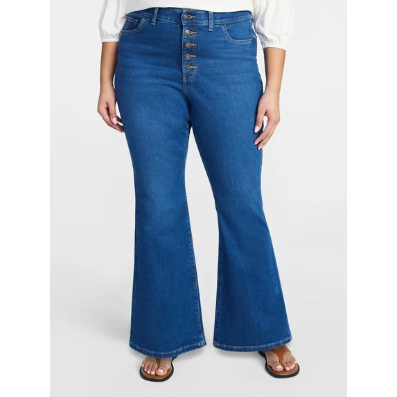 Womens PLUS Button up Corset Fitted Flare Denim Jeans Sloane Wash