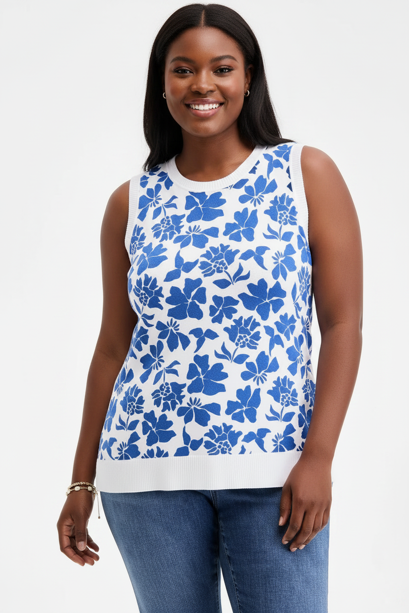 PLUS Size Women's Floral Blue w White Sleeveless Sweater