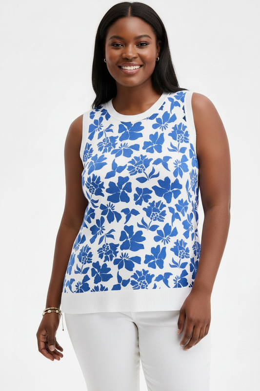 PLUS Size Women's Floral Blue w White Sleeveless Sweater