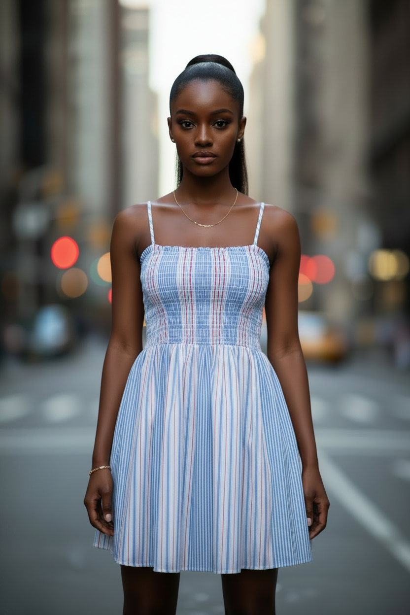 Women's Sleeveless Smocked Cotton Mini Dress with Open Tie Back
