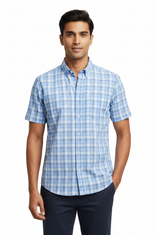 Men's Striped Blue Plaid button down 100% cotton Shirt Short Sleeve