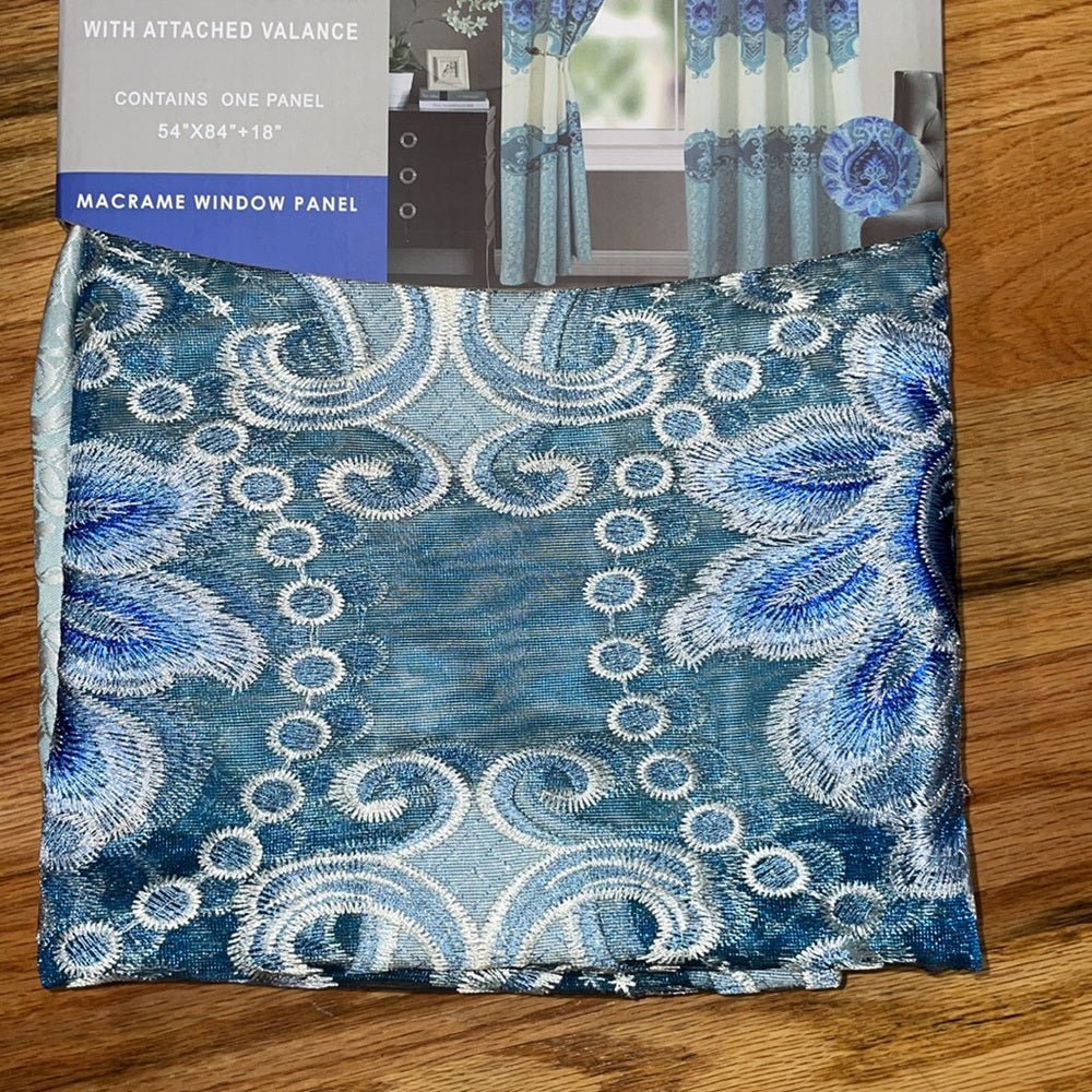 AMY BLUE Macrame jacquard  Pattern Panel Curtain w attached lace valance Blue