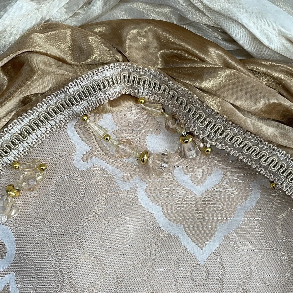 MARILYN BEIGE GOLD Jacquard  Pattern Panel Curtain w attached lace valance Beige
