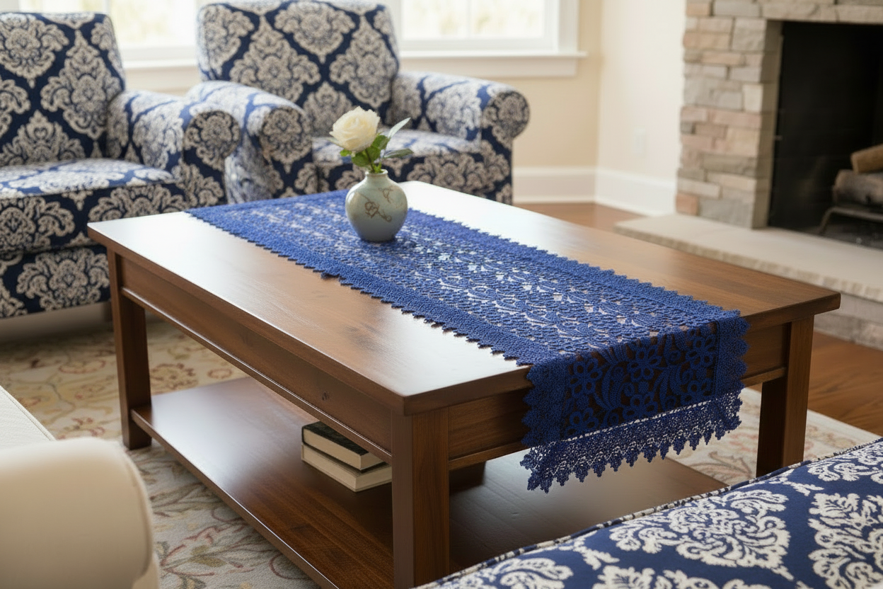 Embroidered floral design Table Runner 14x20 Royal Blue