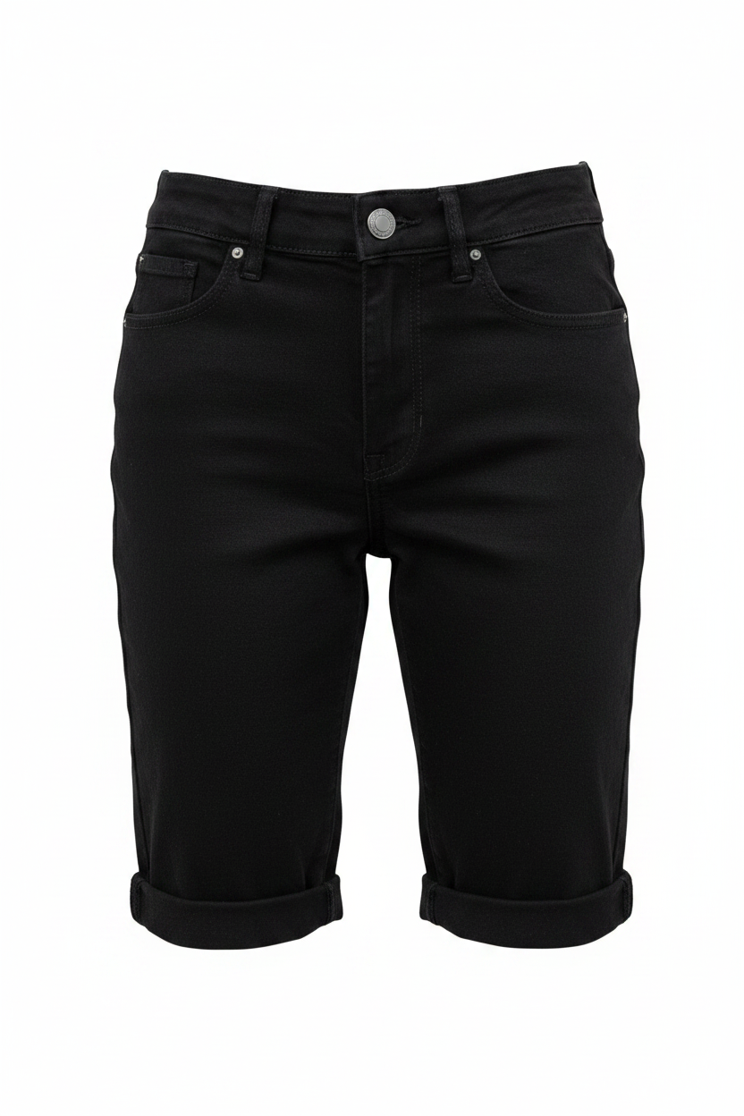 Women's Cuffed Long Knee Bermuda Jean Shorts Black