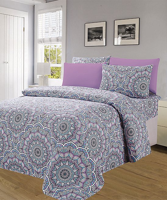 Luxury 6 piece Print Sheet Set Soft 1800 Medallion Print Purple KING
