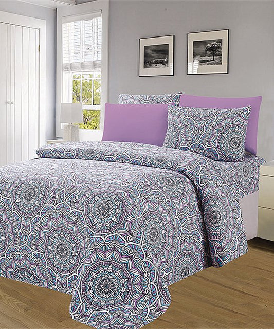 Luxury 6 piece Print Sheet Set Soft 1800 Medallion Print Purple KING