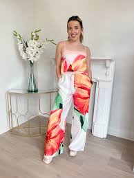 Women's Large Flower Poppie strapless Tube Jumpsuit Jumper belted