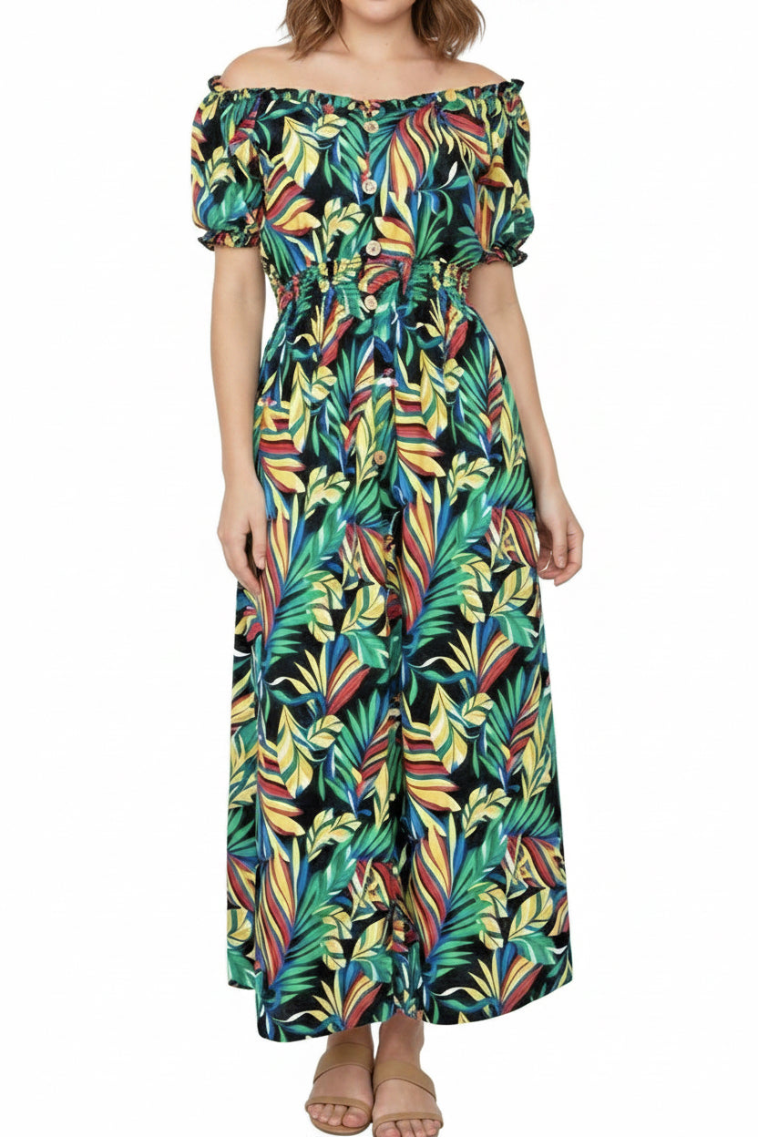 Women's PLUS Anthropologie Kindred black tropical leaf print smocked maxi dress