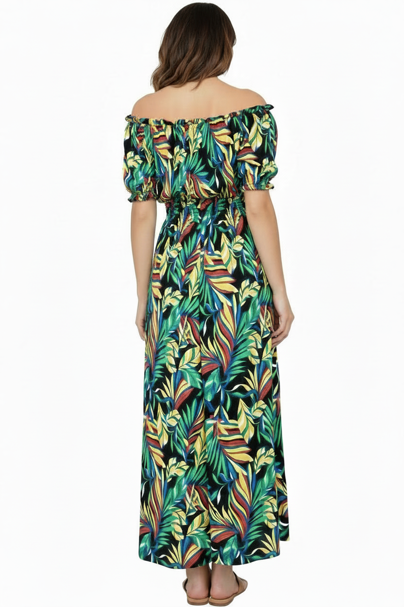 Women's PLUS Anthropologie Kindred black tropical leaf print smocked maxi dress