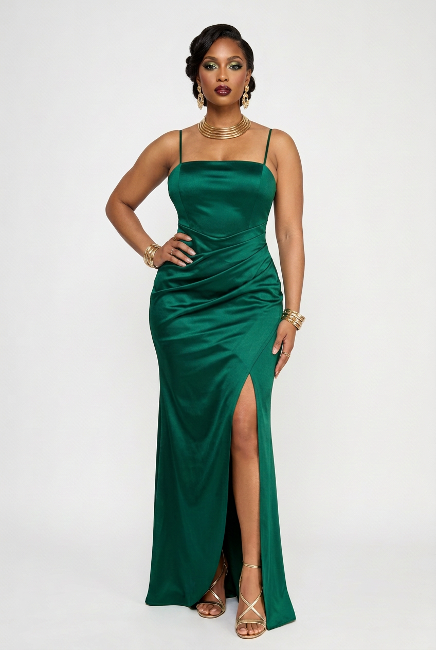Emerald Green  Ruched Slit Maxi Gown Dress