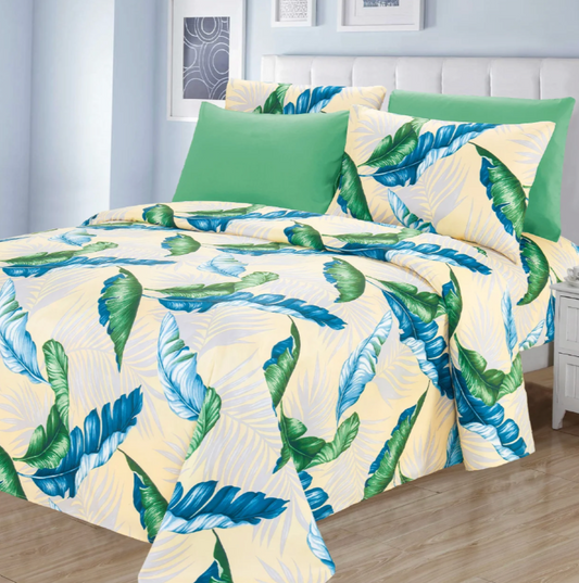 Luxury 6 piece Sheet Set  Soft 1800 Print Tropics Green Beige  QUEEN